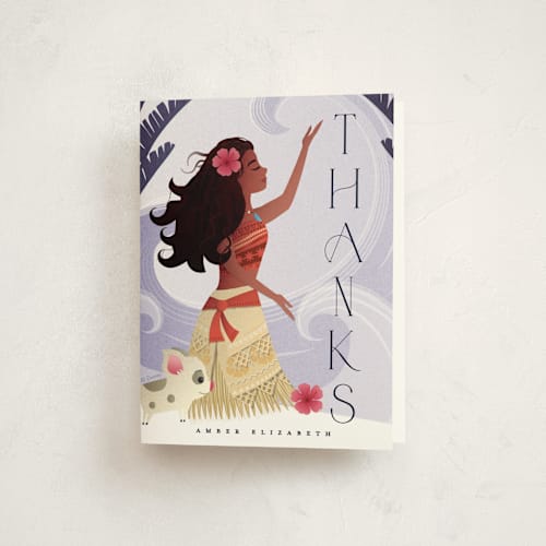 This is a lavender kids thank you cards with standard by Ana de Sousa called disney's moana of motunui printing on strathmore in standard