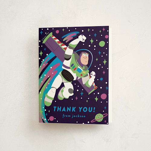 This is a night sky kids thank you cards with standard by Katie Zimpel called disney and pixar birthday buzz printing on strathmore in standard