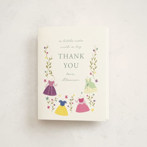 This is a silk kids thank you cards with standard by JeAnna Casper called disney princess party printing on strathmore in standard