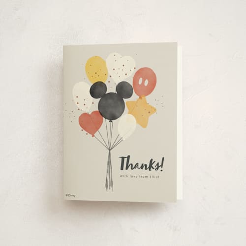 This is a cream kids thank you cards with standard by Adelyn T. called disney's mickey balloon bunch printing on strathmore in standard
