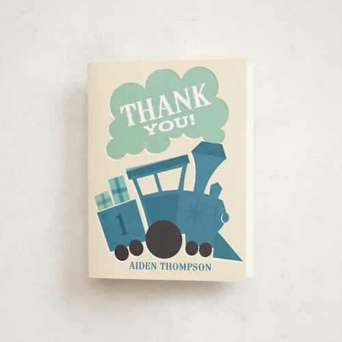 This is a denim kids thank you cards with standard by Jessie Steury called terrific train printing on strathmore in standard