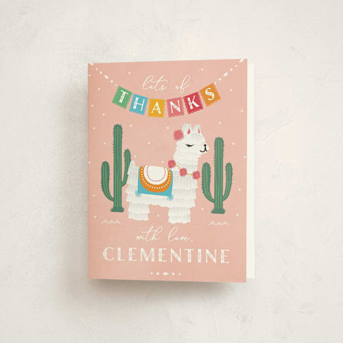 This is a strawberry kids thank you cards with standard by Jennifer Lew called llama piñata printing on strathmore in standard
