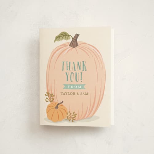 This is a leaf kids thank you cards with standard by Karidy Walker called autumn pumpkin printing on strathmore in standard
