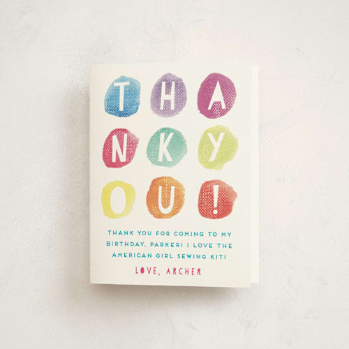 This is a rainbow kids thank you cards with standard by Olivia Raufman called party dots printing on strathmore in standard