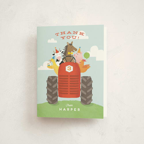 This is a robin’s egg kids thank you cards with standard by Jennifer Wick called farm animal friends printing on strathmore in standard