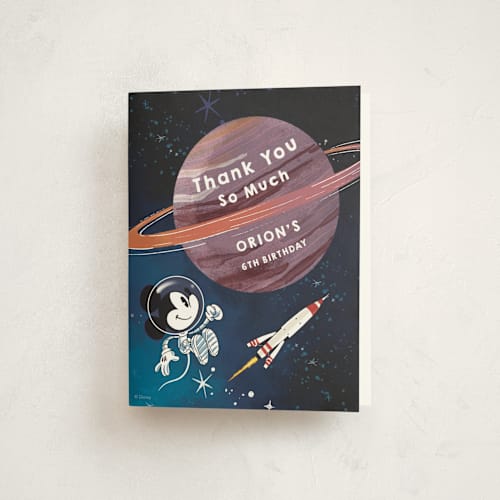 This is a midnight kids thank you cards with standard by Becky Nimoy called mickey and pluto in space printing on strathmore in standard