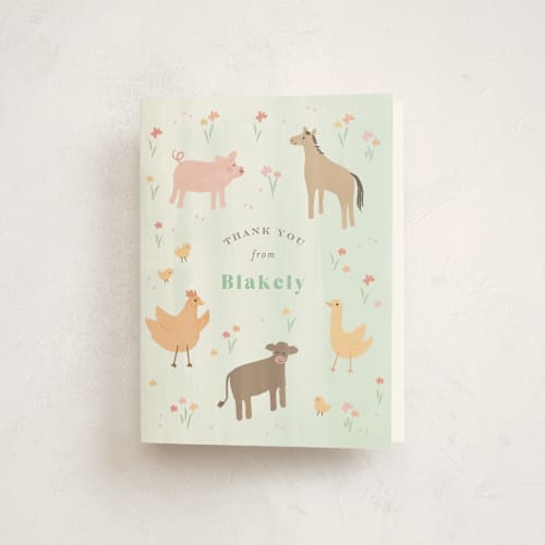 This is a mint kids thank you cards with standard by Jennifer Wick called storybook farm printing on strathmore in standard