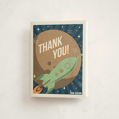 This is a alien kids thank you cards with standard by Jennifer Morehead called retro rocket printing on strathmore in standard