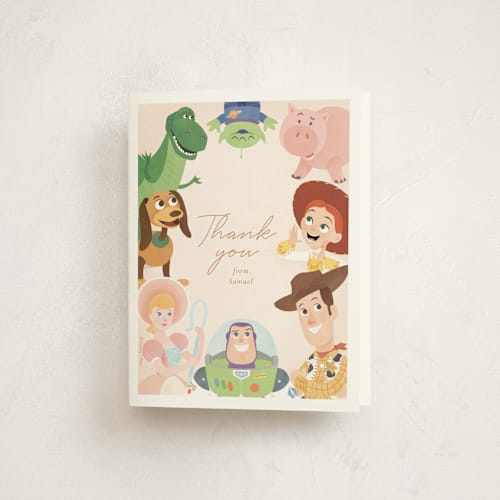 This is a taupe kids thank you cards with standard by Sabrin Deirani called disney's and pixar toy story friends printing on strathmore in standard