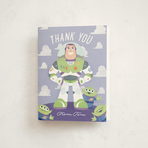 This is a lilac kids thank you cards with standard by Sabrin Deirani called disney and pixar's lightyear printing on strathmore in standard