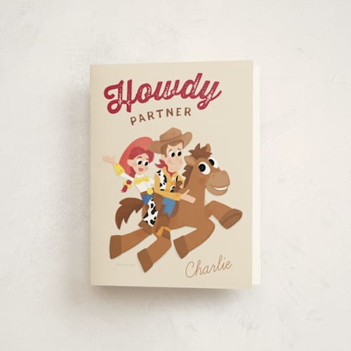This is a vanilla kids thank you cards with standard by Jessie Steury called disney and pixar's cowboy friends printing on strathmore in standard