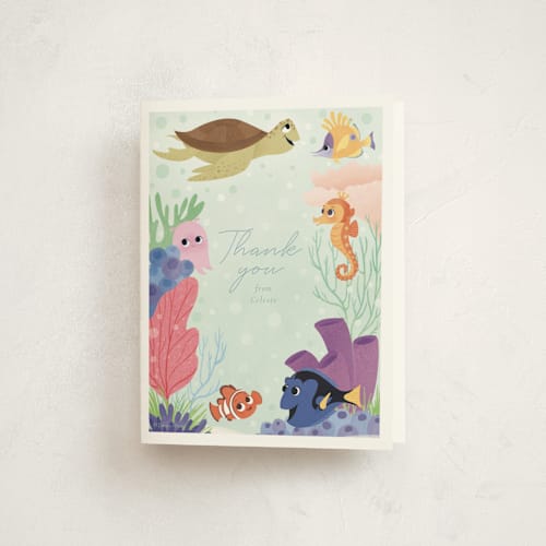 This is a seafoam kids thank you cards with standard by Sabrin Deirani called disney and pixar's finding nemo friends printing on strathmore in standard