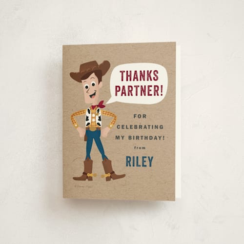 This is a rustic kids thank you cards with standard by Oma N. Ramkhelawan called disney and pixar's howdy woody printing on strathmore in standard