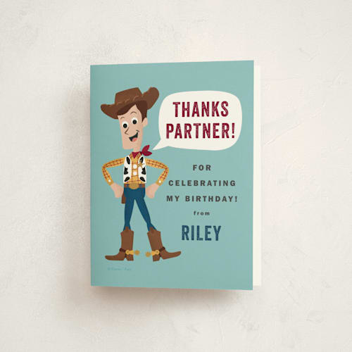 This is a country kids thank you cards with standard by Oma N. Ramkhelawan called disney and pixar's howdy woody printing on strathmore in standard