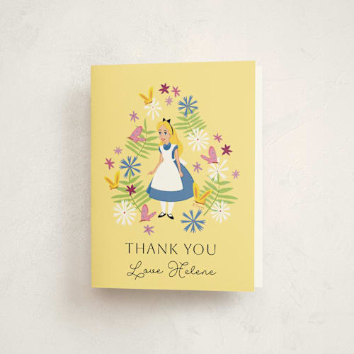 This is a butter kids thank you cards with standard by Becky Nimoy called disney's alice in wonderland in the flower garden printing on strathmore in standard