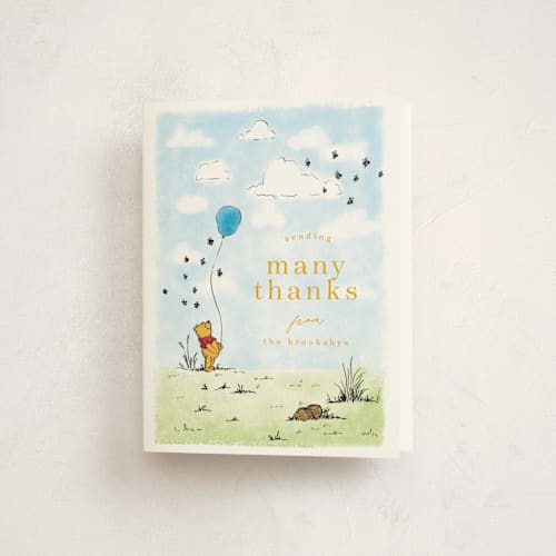 This is a honey pot kids thank you cards with standard by Erin L. Wilson called disney's winnie the pooh many birthday adventures printing on strathmore in standard