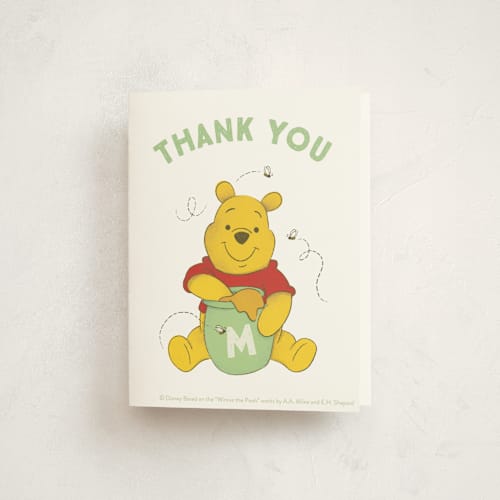 This is a mint kids thank you cards with standard by Snow and Ivy called disney's pooh birthday printing on strathmore in standard