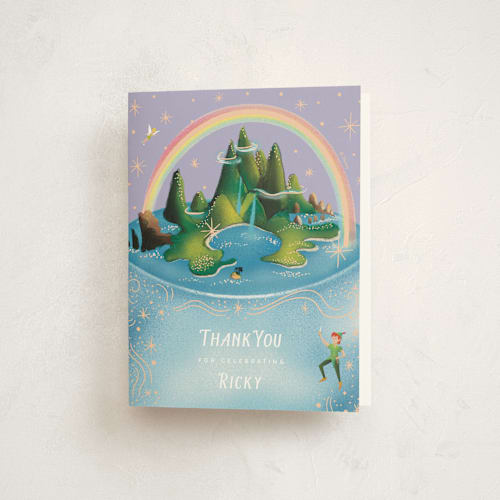 This is a lavender kids thank you cards with standard by Becky Nimoy called disney's peter pan neverland cake printing on strathmore in standard