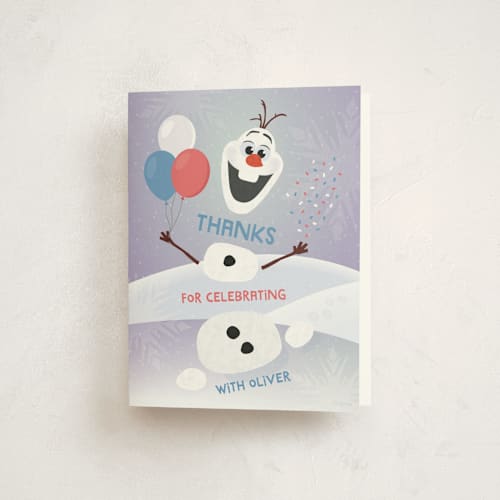 This is a lavender kids thank you cards with standard by Erica Krystek called disney's olaf to party printing on strathmore in standard