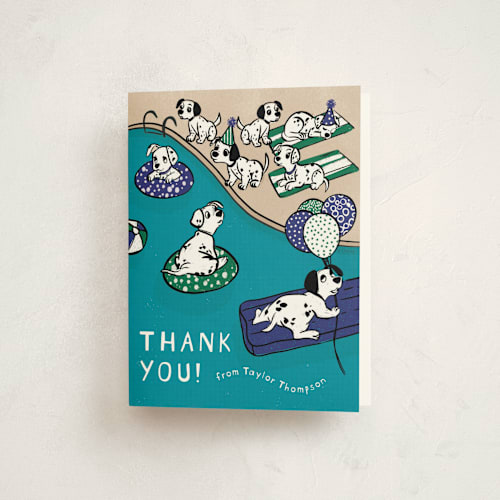 This is a grass kids thank you cards with standard by Jenna Holcomb called disney's 101 dalmatians pool pawty printing on strathmore in standard