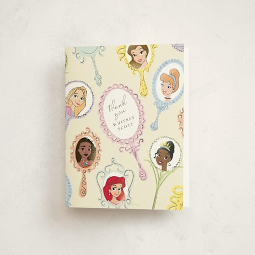 This is a vanilla kids thank you cards with standard by Baumbirdy called disney princess mirrors printing on strathmore in standard