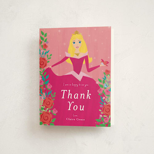 This is a pink melba kids thank you cards with standard by Rebecca Marchese called disney's briar rose printing on strathmore in standard