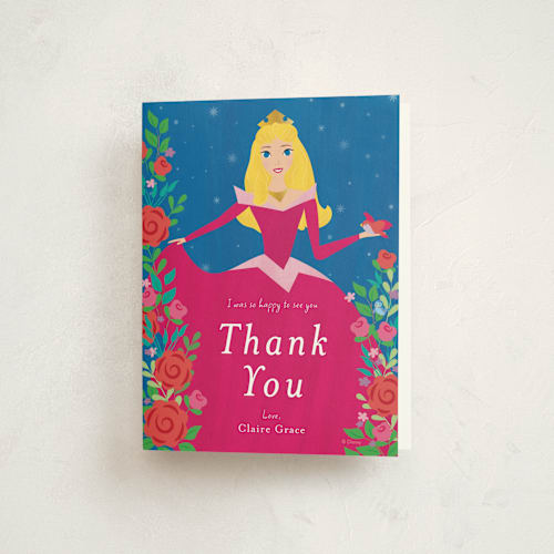 This is a aurora blue kids thank you cards with standard by Rebecca Marchese called disney's briar rose printing on strathmore in standard