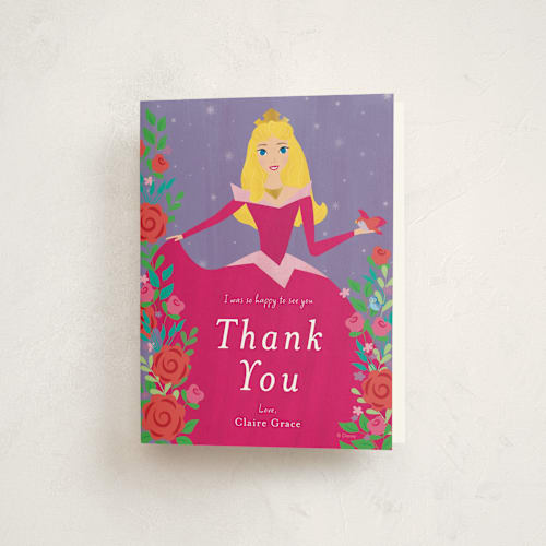 This is a purple fairy kids thank you cards with standard by Rebecca Marchese called disney's briar rose printing on strathmore in standard