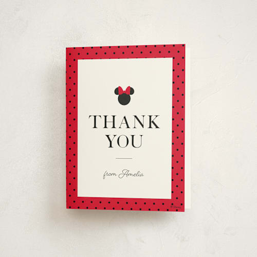 This is a strawberry kids thank you cards with standard by Julee London called disney simply minnie birthday printing on strathmore in standard