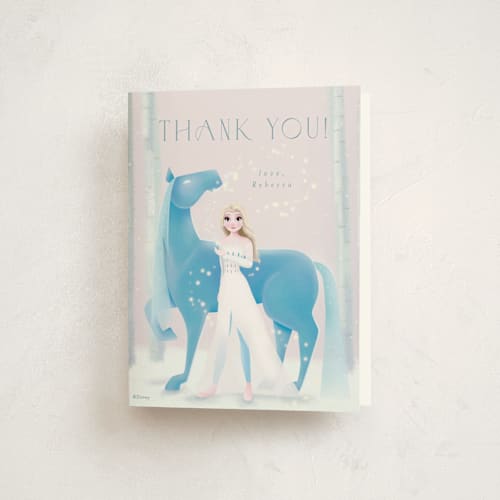 This is a dawn kids thank you cards with standard by Kim Thoa called disney's elsa and nokk magical forest printing on strathmore in standard