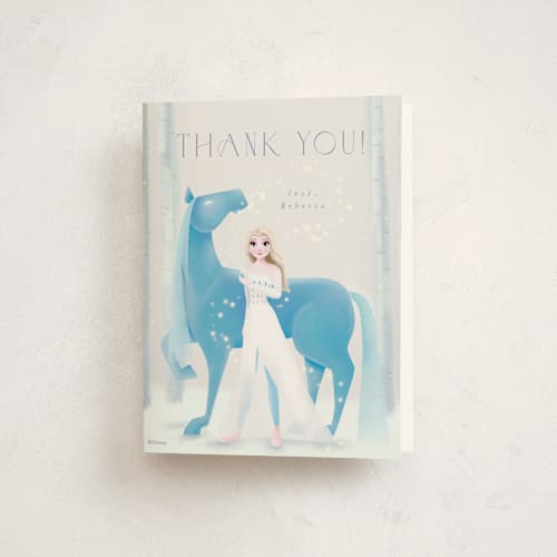 This is a dusk kids thank you cards with standard by Kim Thoa called disney's elsa and nokk magical forest printing on strathmore in standard