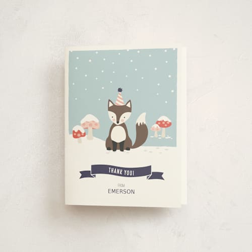 This is a dusk kids thank you cards with standard by Sharon O. called snow fox birthday card printing on strathmore in standard