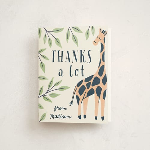 This is a mustard kids thank you cards with standard by Everett Paper Goods called wild giraffe printing on strathmore in standard