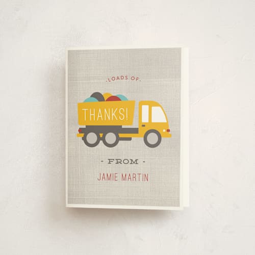 This is a firetruck kids thank you cards with standard by Michelle Poe called dig it printing on strathmore in standard