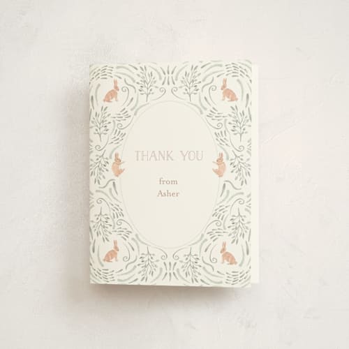 This is a mint kids thank you cards with standard by Hallie Fischer called hop on over ii printing on strathmore in standard