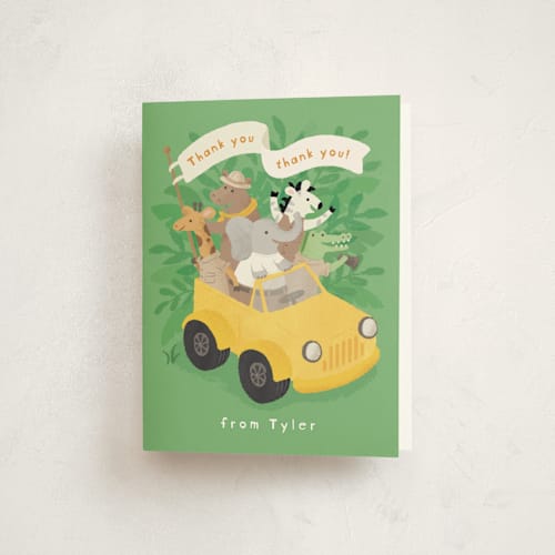 This is a grasshopper kids thank you cards with standard by Jennifer Wick called birthday safari printing on strathmore in standard