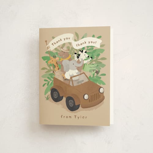This is a sand kids thank you cards with standard by Jennifer Wick called birthday safari printing on strathmore in standard