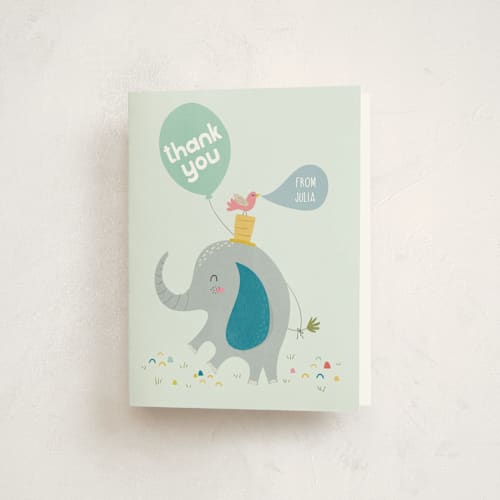 This is a mint kids thank you cards with standard by Vera Lim called happy elephant printing on strathmore in standard
