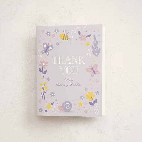 This is a lavender kids thank you cards with standard by Susan Asbill called in the garden printing on strathmore in standard