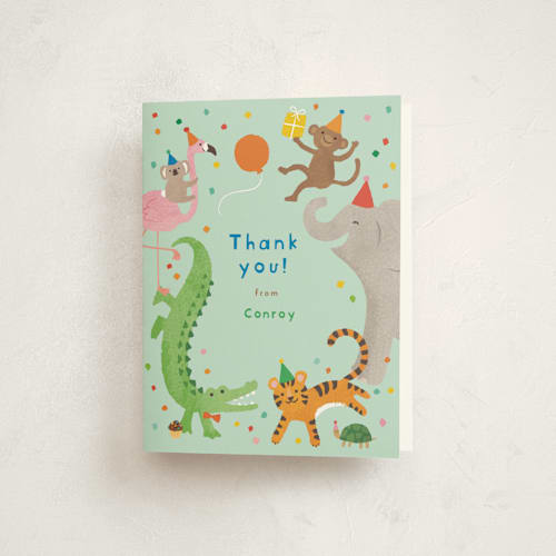 This is a blueberry kids thank you cards with standard by Jennifer Wick called confetti crew printing on strathmore in standard