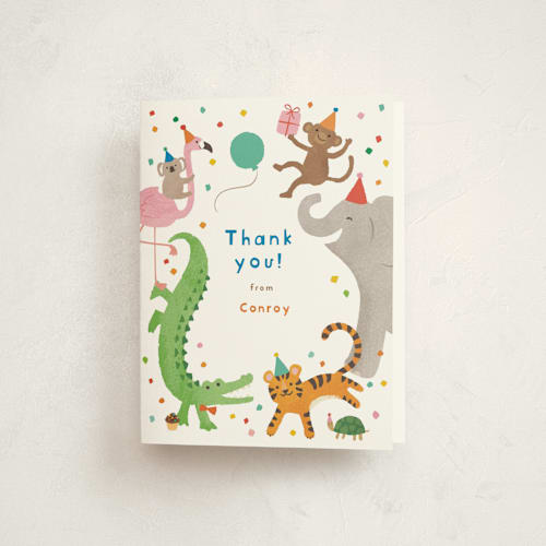 This is a frosting kids thank you cards with standard by Jennifer Wick called confetti crew printing on strathmore in standard