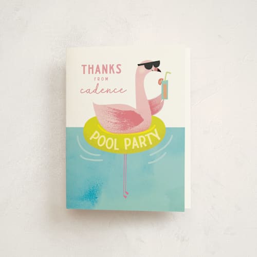 This is a lime kids thank you cards with standard by Lori Wemple called flamingo printing on strathmore in standard