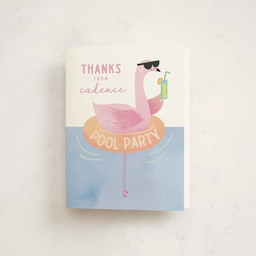 This is a peach kids thank you cards with standard by Lori Wemple called flamingo printing on strathmore in standard