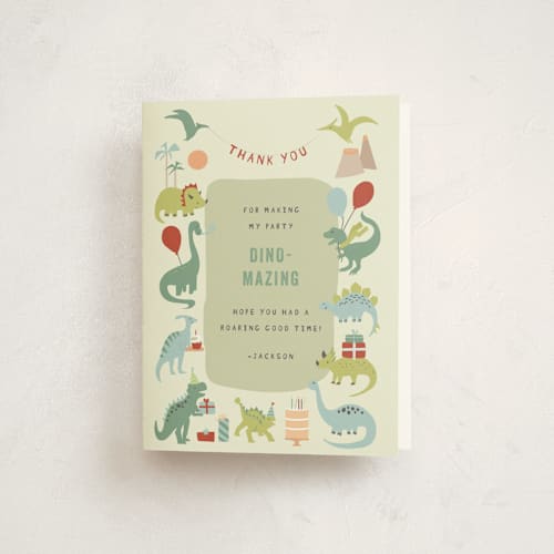 This is a forest kids thank you cards with standard by Teju Reval called dino party printing on strathmore in standard