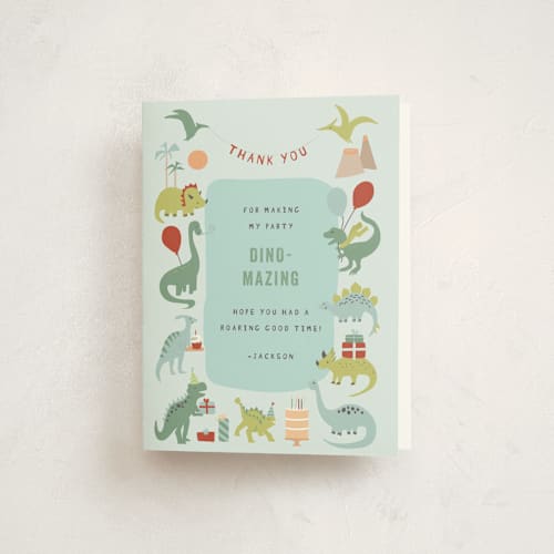 This is a sea kids thank you cards with standard by Teju Reval called dino party printing on strathmore in standard