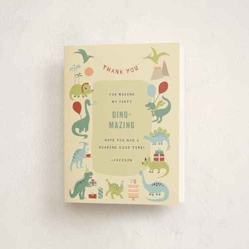 This is a sunshine kids thank you cards with standard by Teju Reval called dino party printing on strathmore in standard