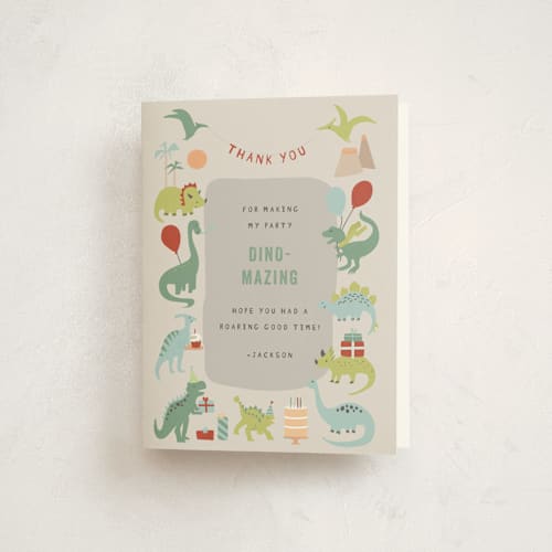 This is a mud kids thank you cards with standard by Teju Reval called dino party printing on strathmore in standard