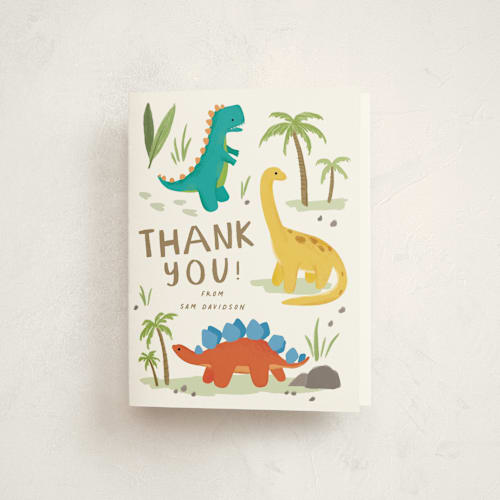 This is a marshmallow kids thank you cards with standard by Everett Paper Goods called dino zone printing on strathmore in standard