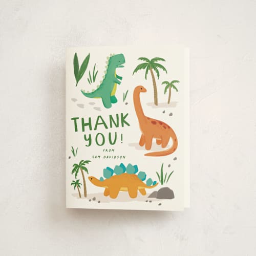 This is a carrot kids thank you cards with standard by Everett Paper Goods called dino zone printing on strathmore in standard