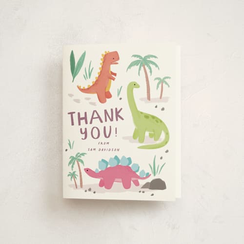 This is a twilight kids thank you cards with standard by Everett Paper Goods called dino zone printing on strathmore in standard